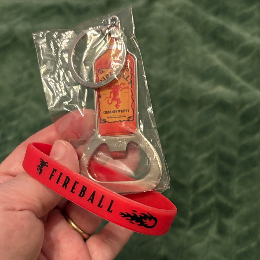 Fireball Whiskey Metal Keychain Bottle Opener and Wristband Set New